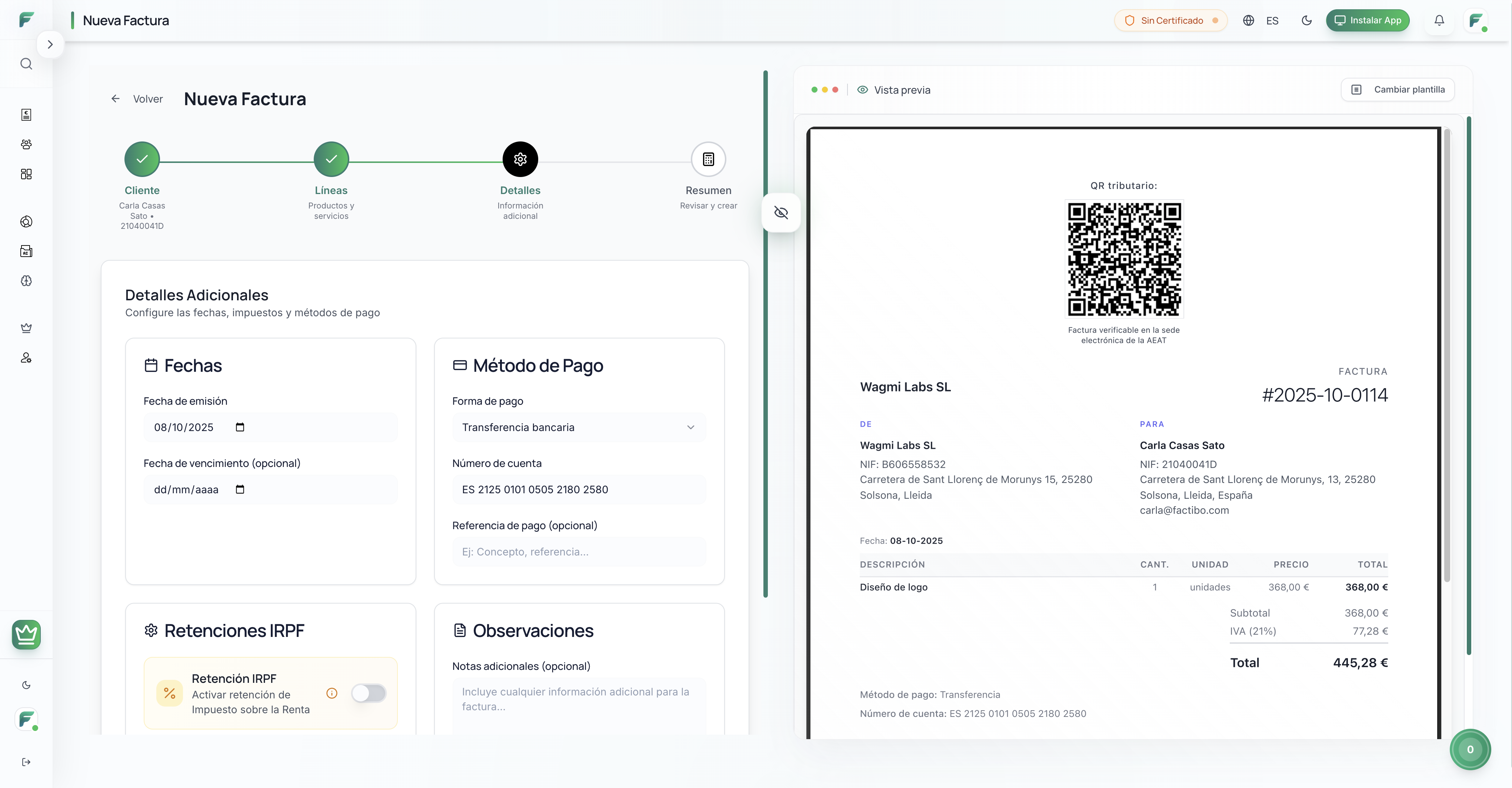 Crear nueva factura Verifactu